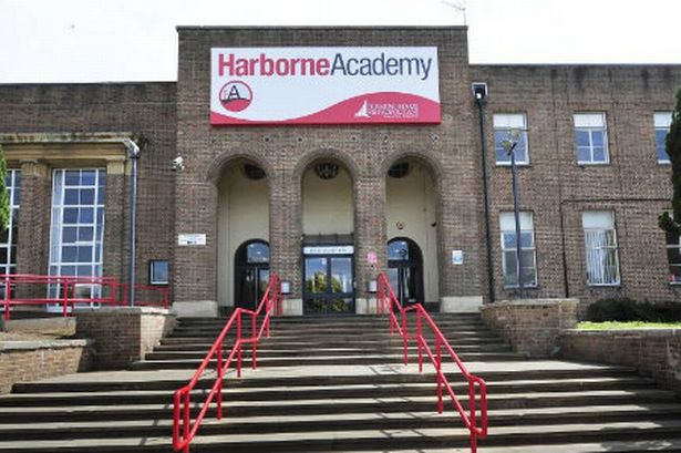 Atrium at Harborne Academy Main Hall entrance with accessible steps for events.