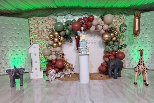Birthday party hall in Digbeth with whimsical balloon arch and playful animal decor.