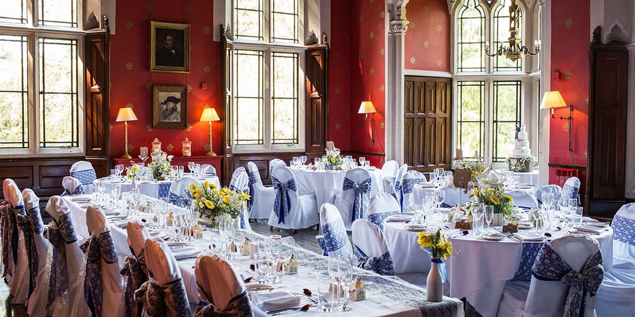 Elegant banquet hall at Brownsover Hall Hotel, perfect for weddings and formal events.