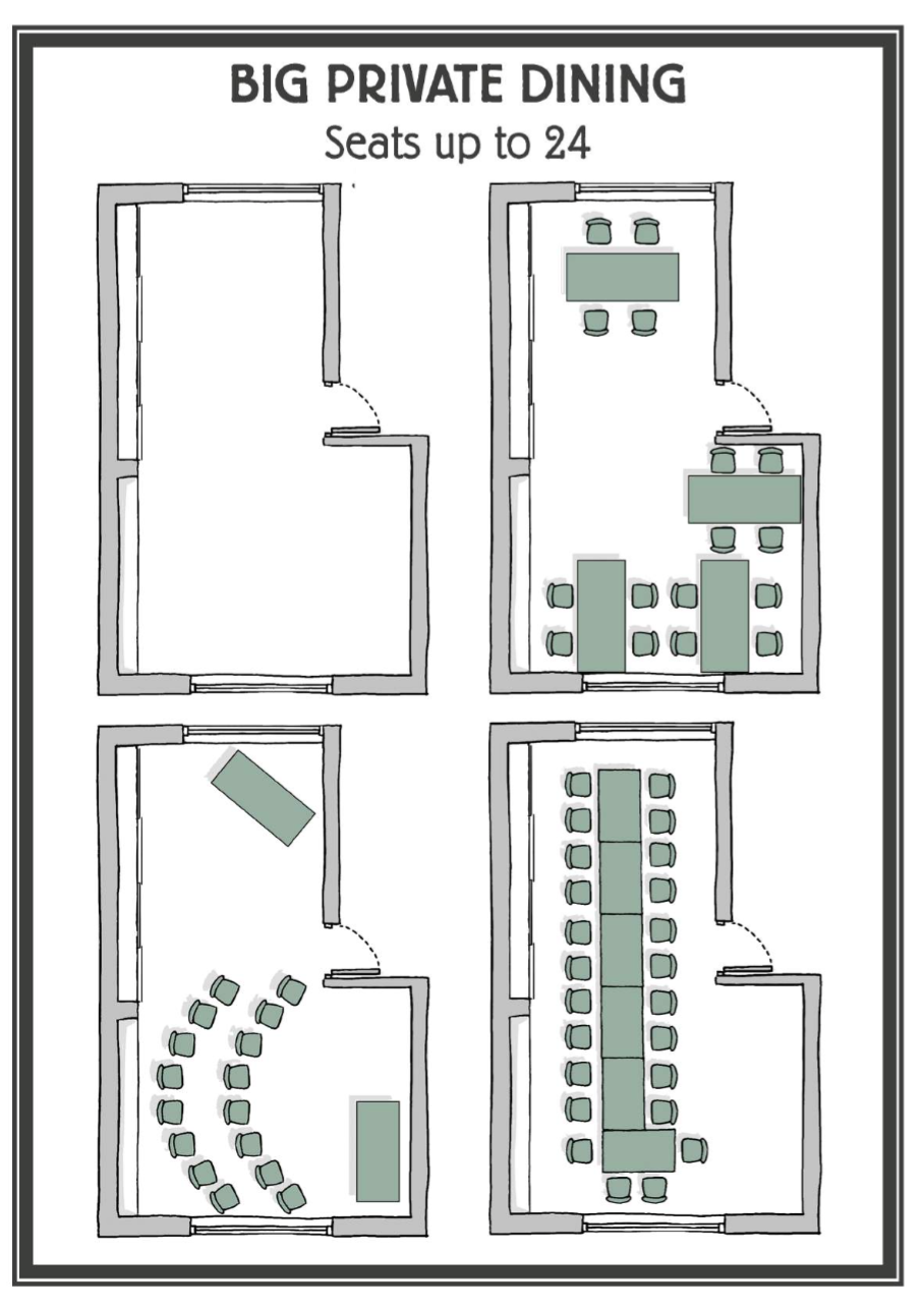 Private dining room layout with versatile configurations for meetings and events.