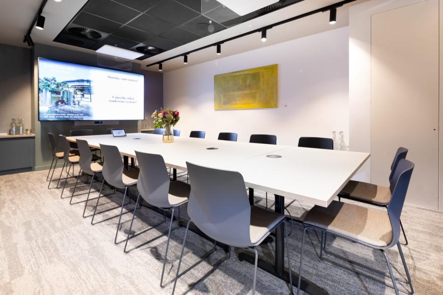 Modern conference room with tech setup for meetings and events at St Pancras.