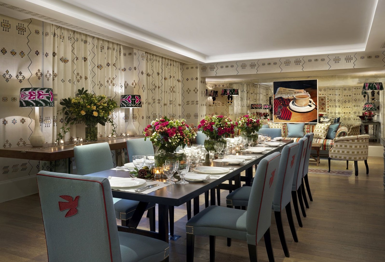 Elegant dining space in Nash Room, Haymarket Hotel for intimate gatherings and corporate dinners.