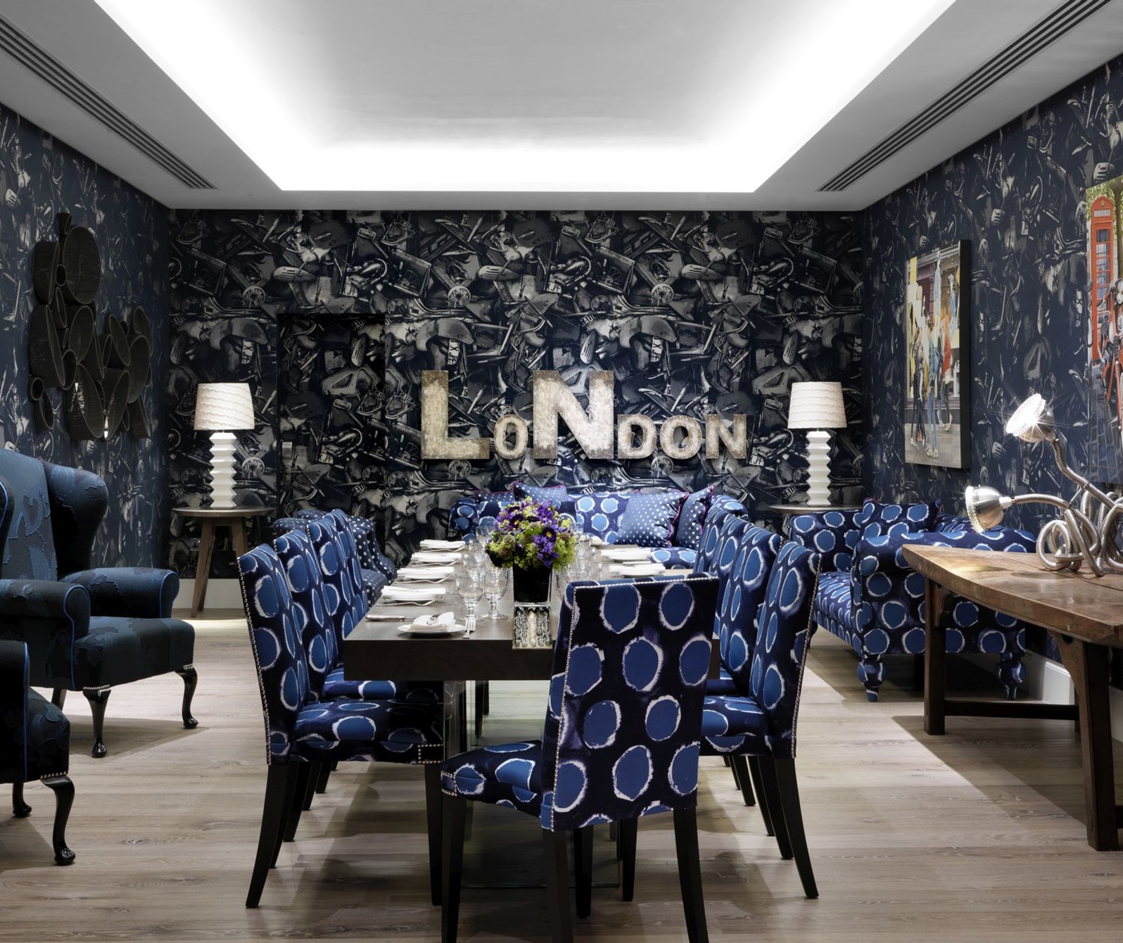Sherwood Private Room at Ham Yard Hotel, stylish blue decor for corporate events.