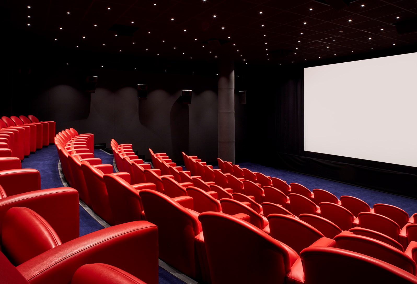 Modern screening room with plush red seating for corporate events and film festivals.