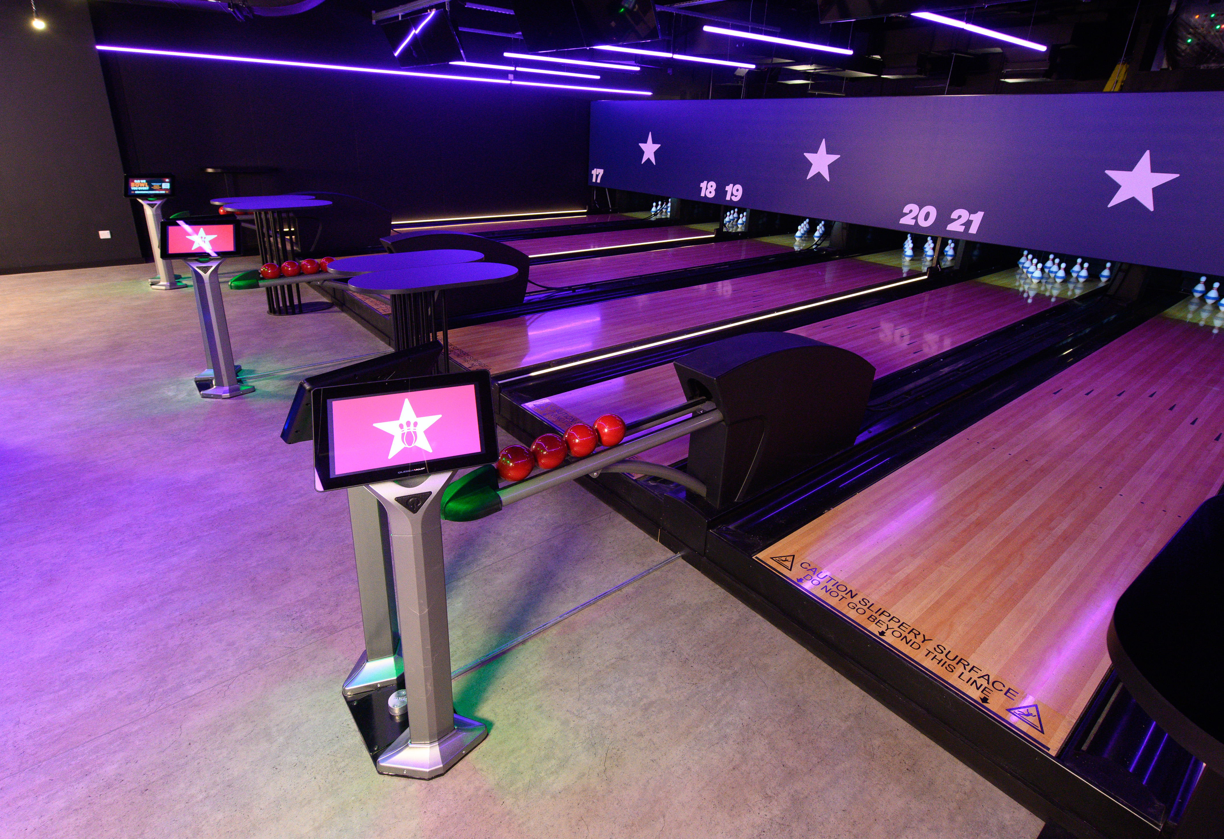 Modern bowling alley at Duckpin Lounge, O2 London, ideal for corporate events and team-building.