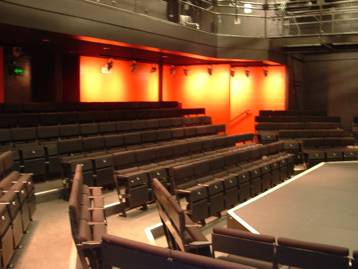 Modern theater with tiered seating and warm lighting for engaging events and workshops.