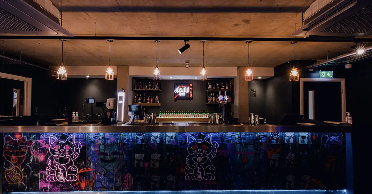 Modern bar setup in Hello Oriental's basement, perfect for events and gatherings.