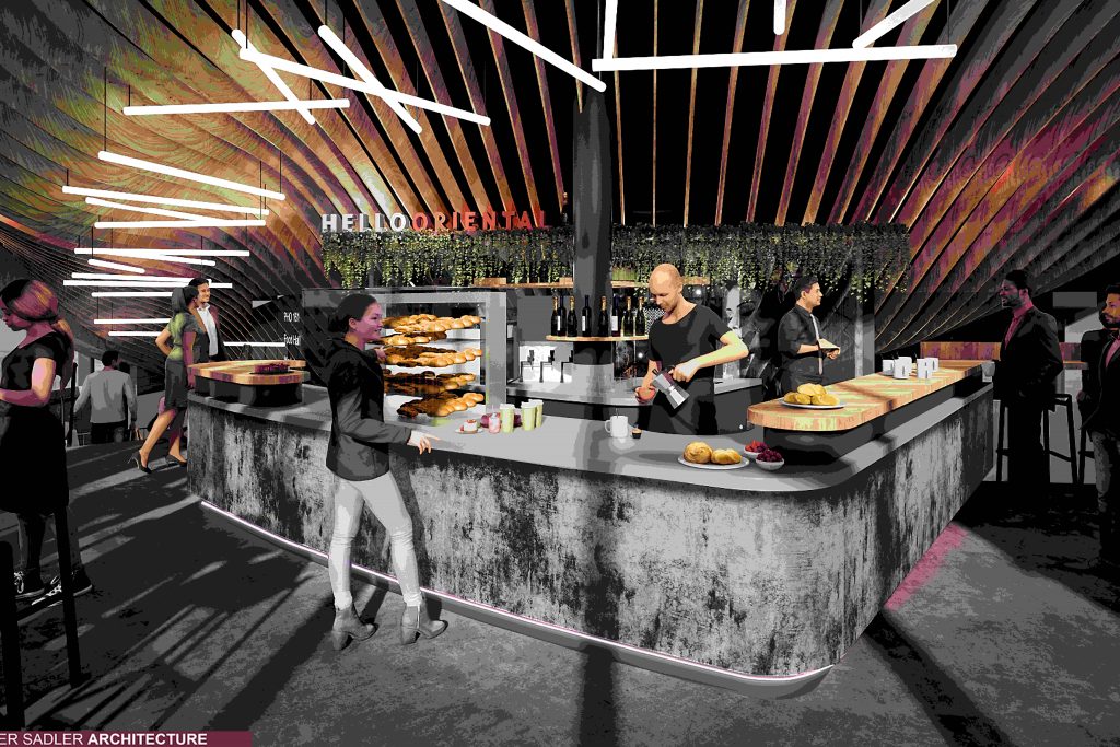 Modern event space with stylish bar, vibrant lighting for networking and socializing.