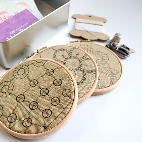 Embroidery hoops for creative workshops and team-building activities at Debbie Bryan.