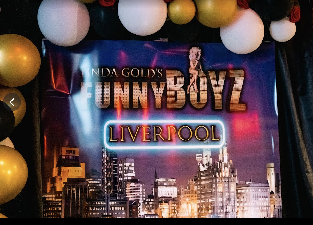 FunnyBoyz Liverpool event backdrop with black, gold, and white balloons for entertainment.