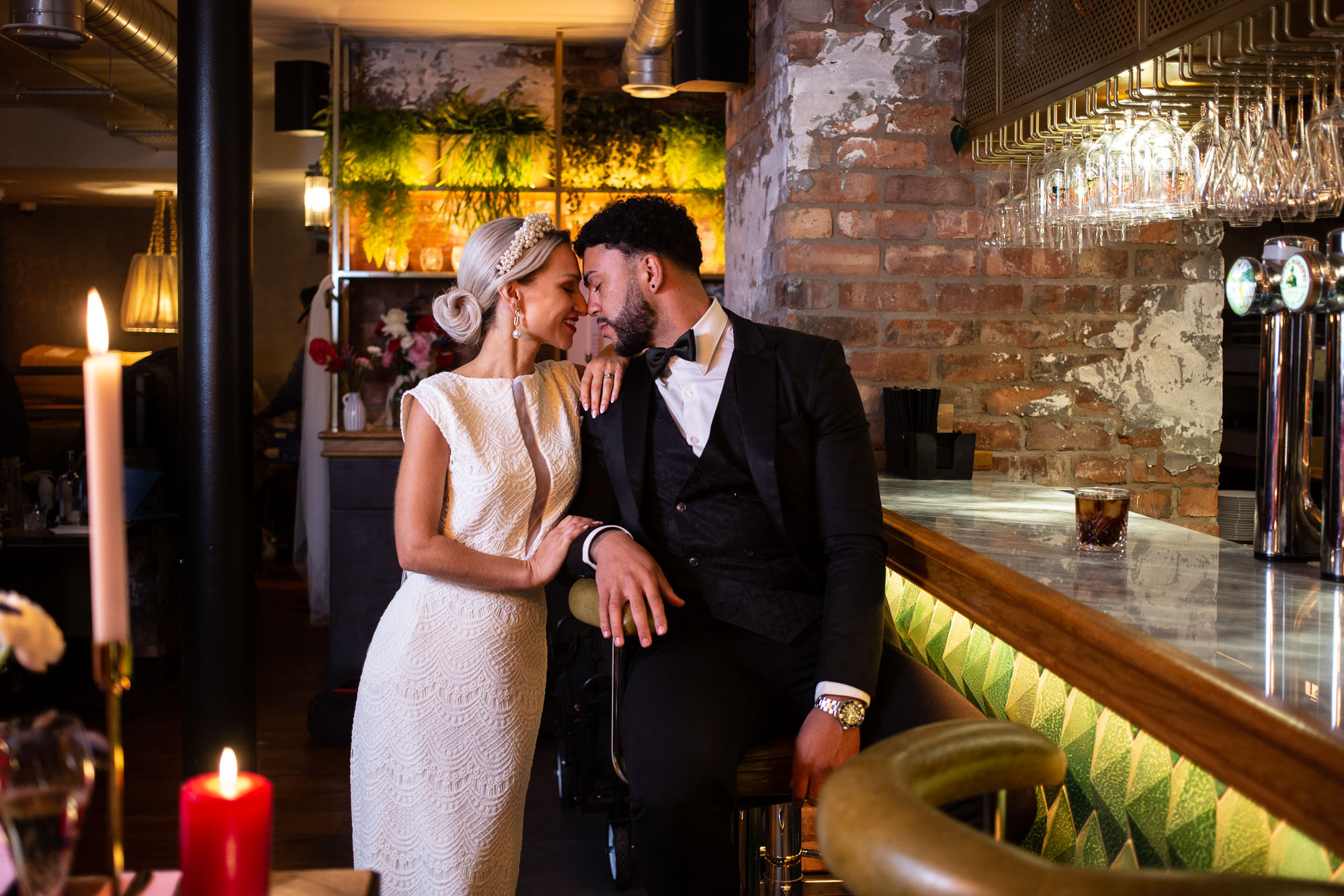 Stylish couple in The Merchant Room, perfect for romantic weddings and upscale events.