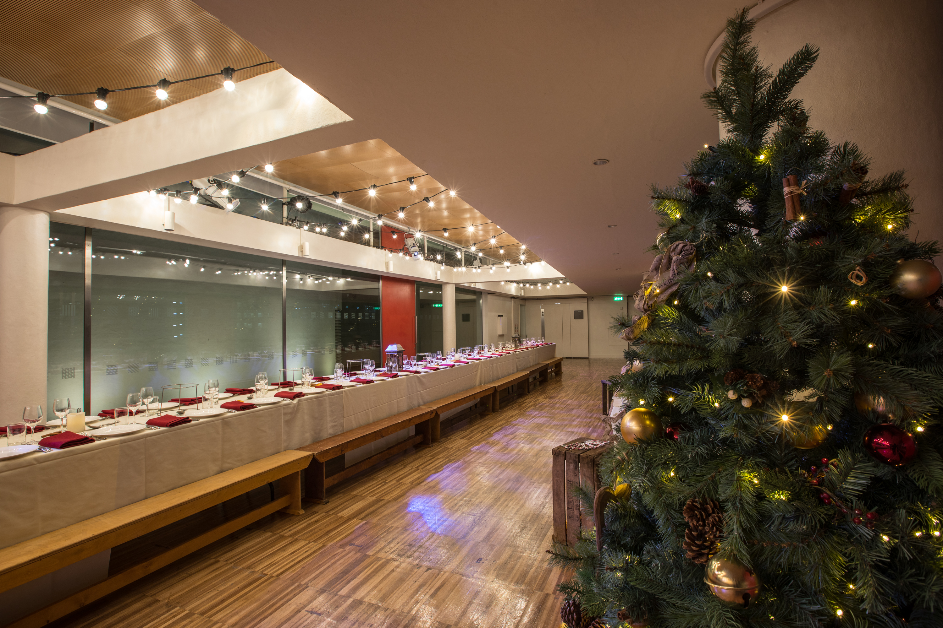 Festive dining setup at Southbank Centre with elegant decor for holiday celebrations.