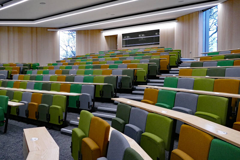 Sibson Building lecture hall with tiered seating, ideal for educational events.