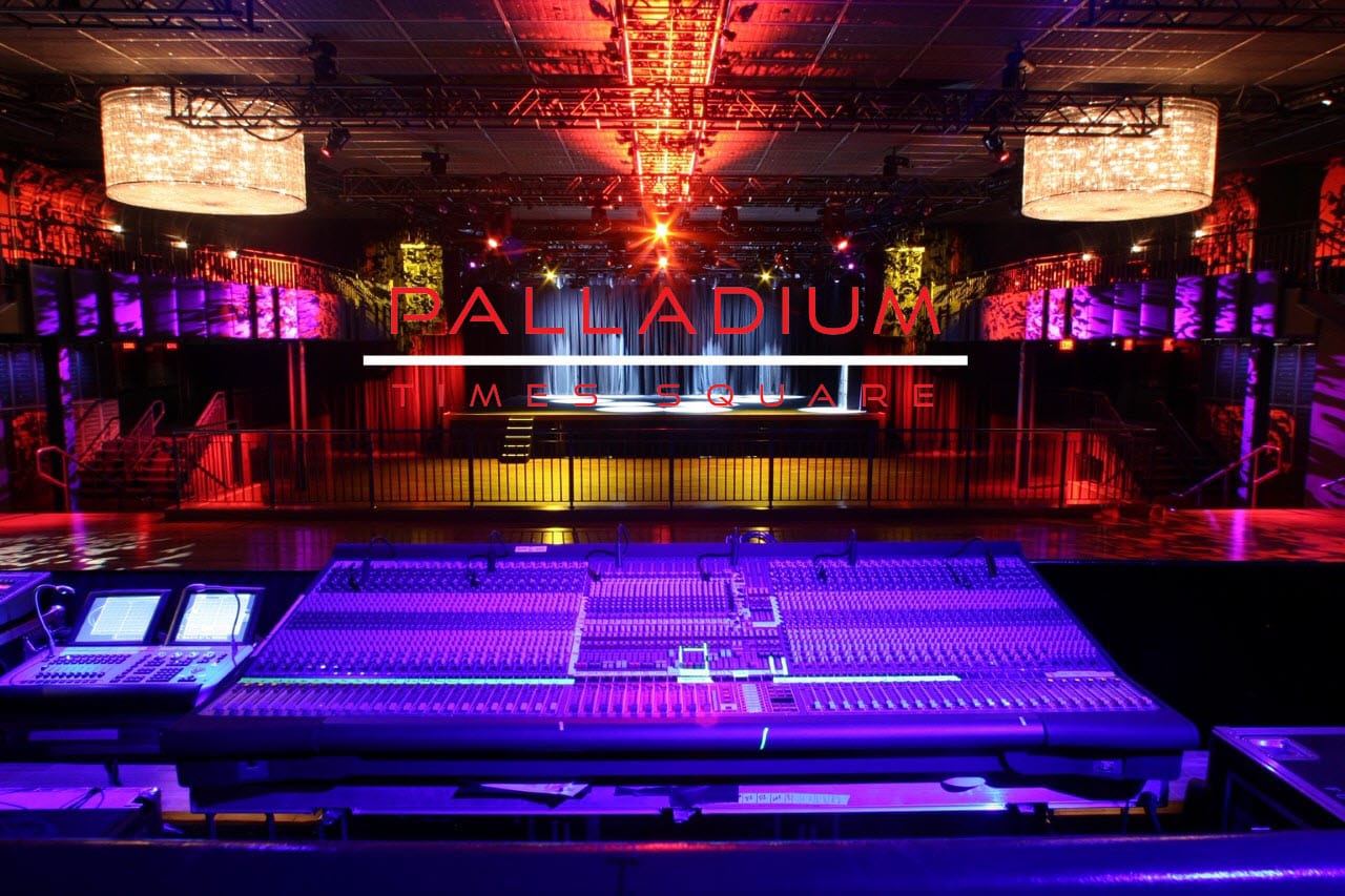 Vibrant Palladium Times Square event space with dynamic lighting for concerts and gatherings.