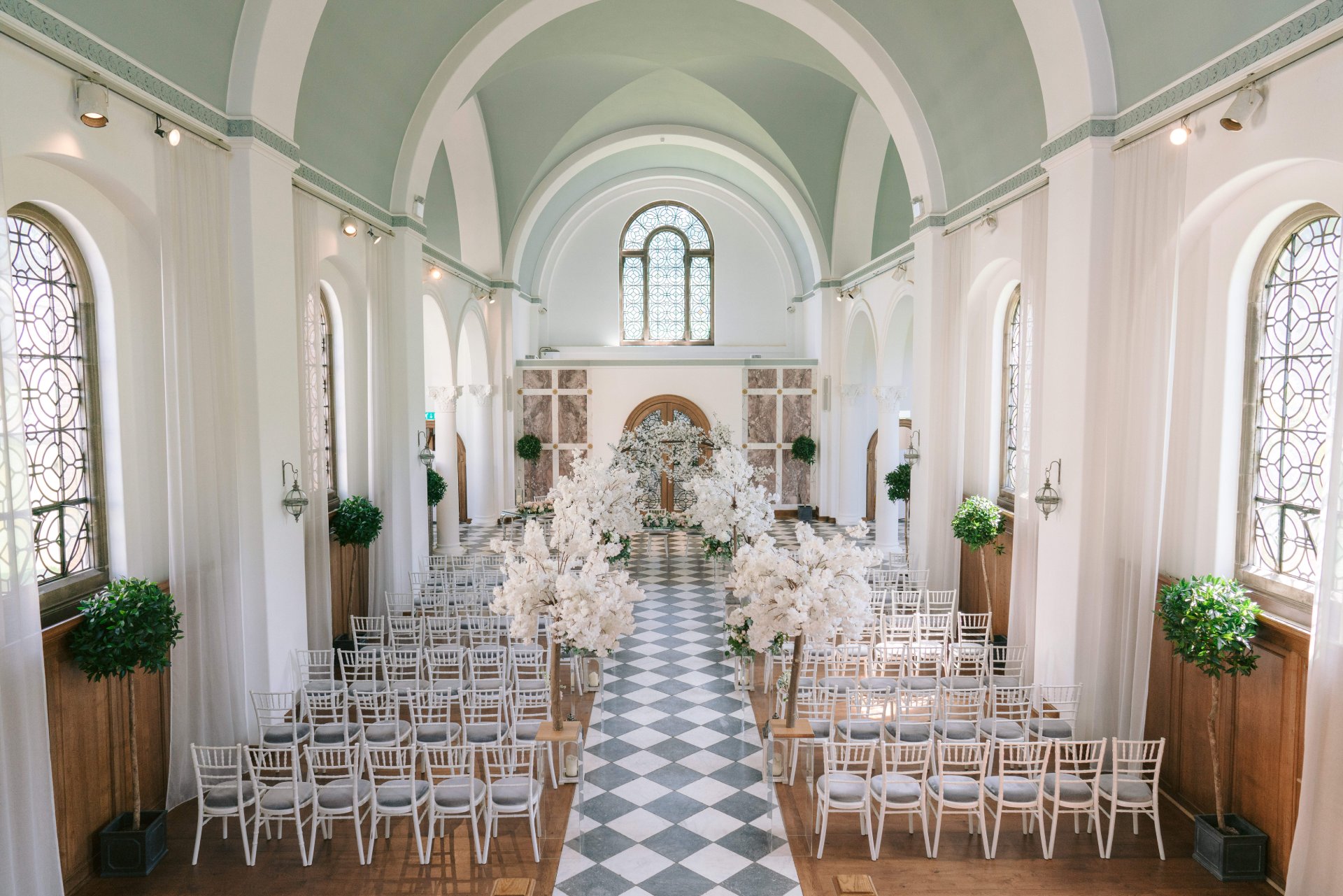 Elegant event space at Hawkstone Hall with high ceilings, perfect for weddings.