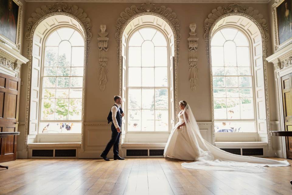 Elegant wedding venue at Hawkstone Hall with large windows and romantic atmosphere.