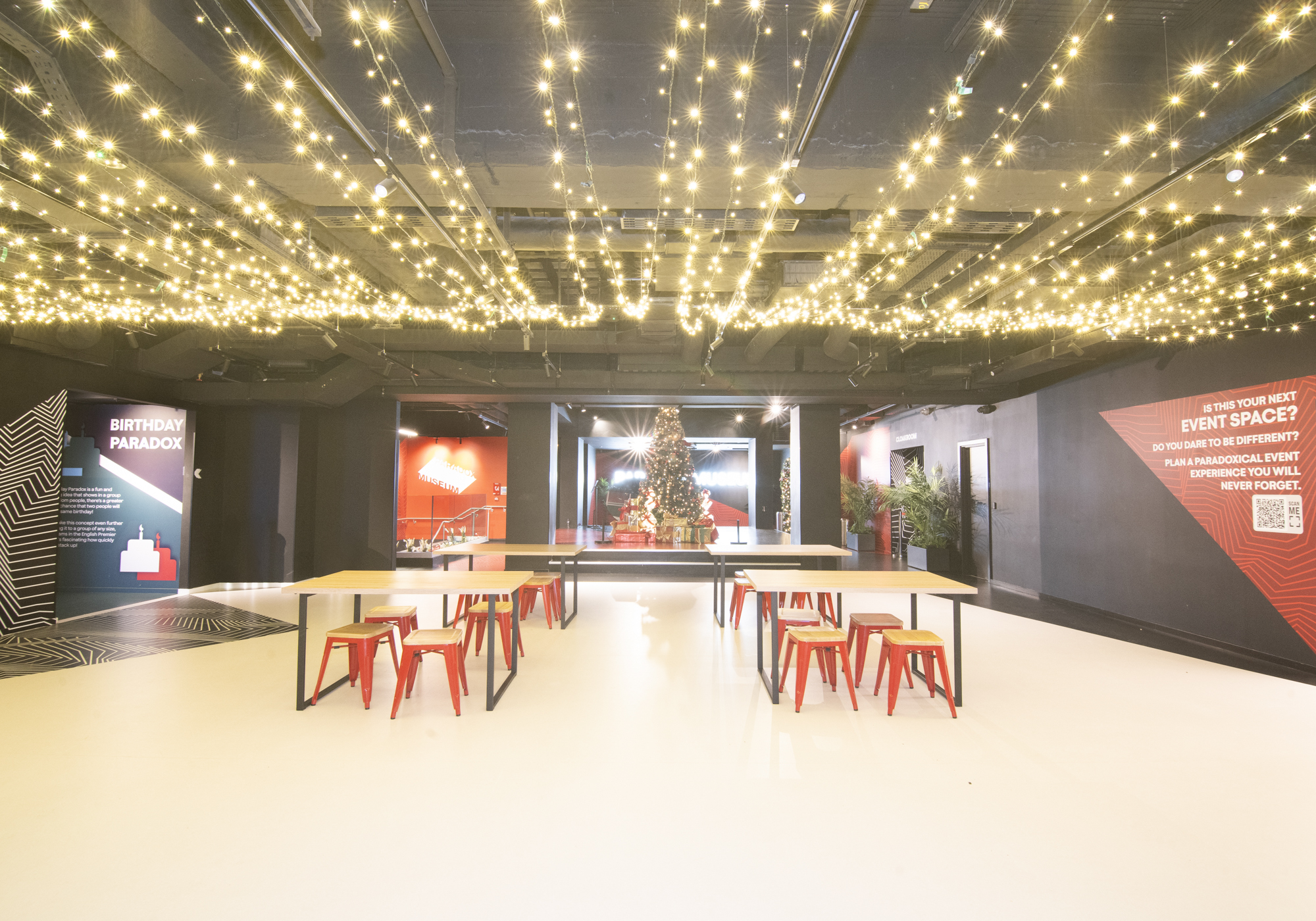 Main Atrium, Paradox Museum London, modern decor for corporate events and celebrations.