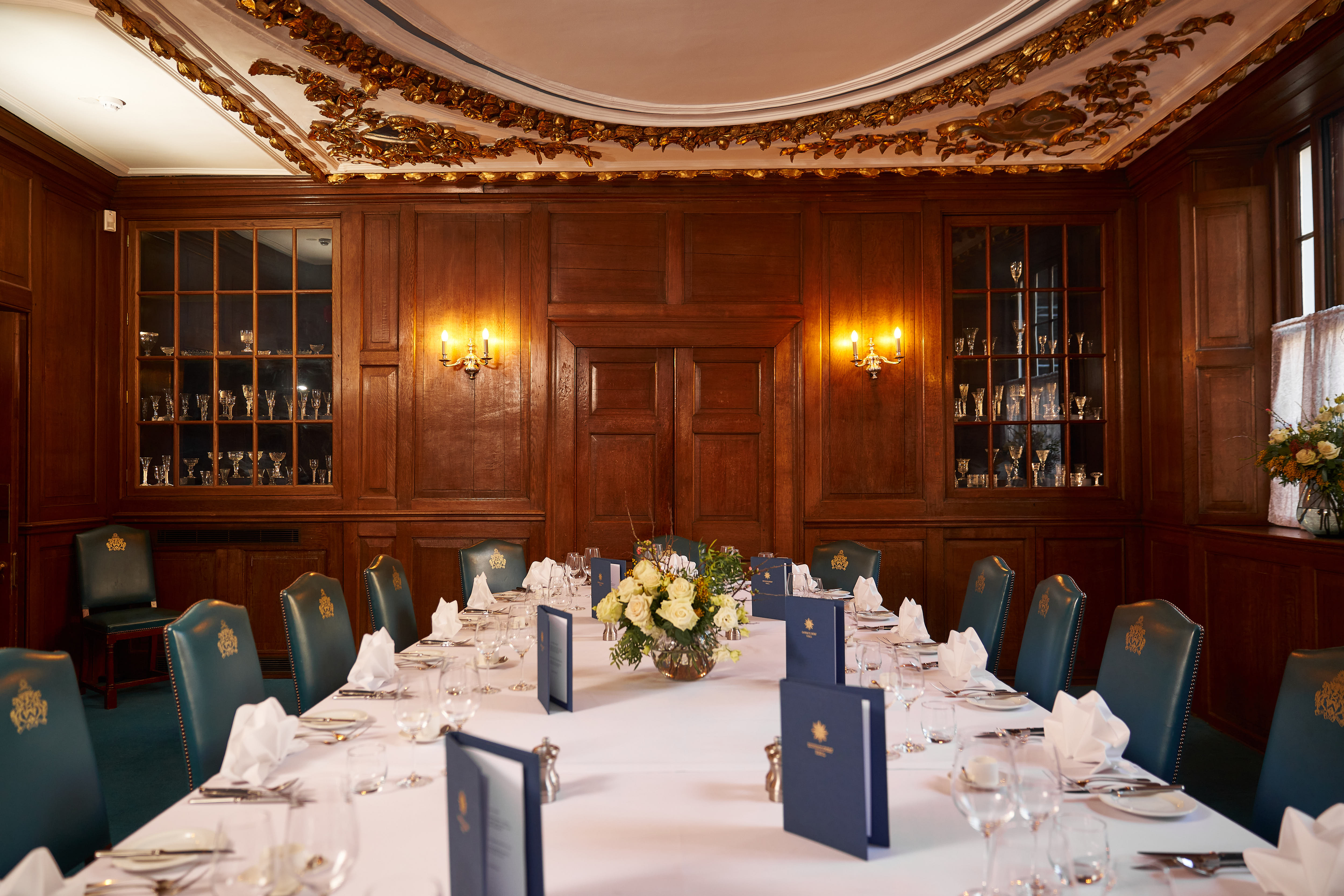 Old Court Room at Innholders' Hall, elegant dining setup for meetings and events.