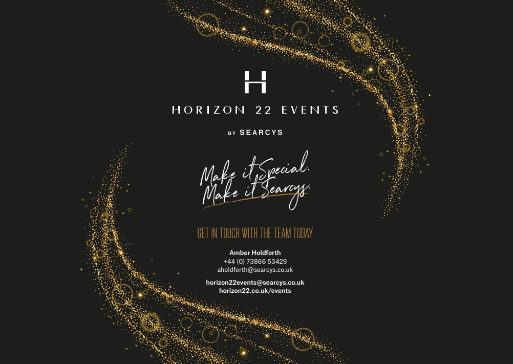 Elegant promotional design for Christmas events at Horizon 22 with gold accents.