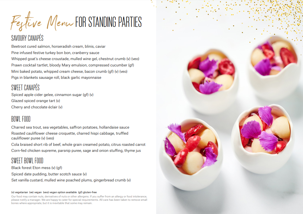 Elegant festive menu for Christmas networking events with savory hors d'oeuvres and desserts.