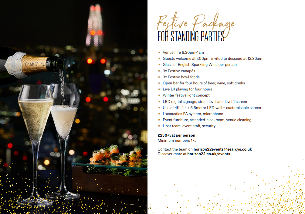 Elegant Christmas party flyer with champagne, city skyline, and event planning details.