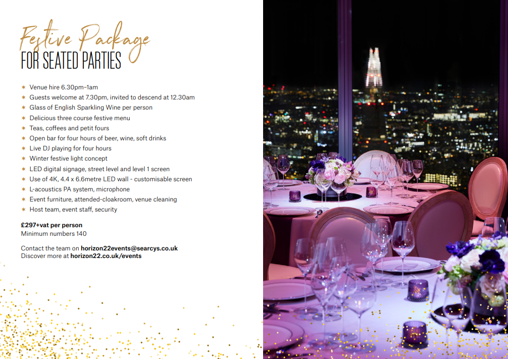 Elegant Christmas table setting with city views for corporate holiday events.