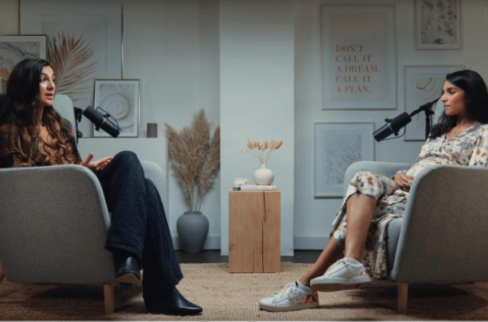 Podcast setup in Finchley Studio with stylish decor for interviews and discussions.