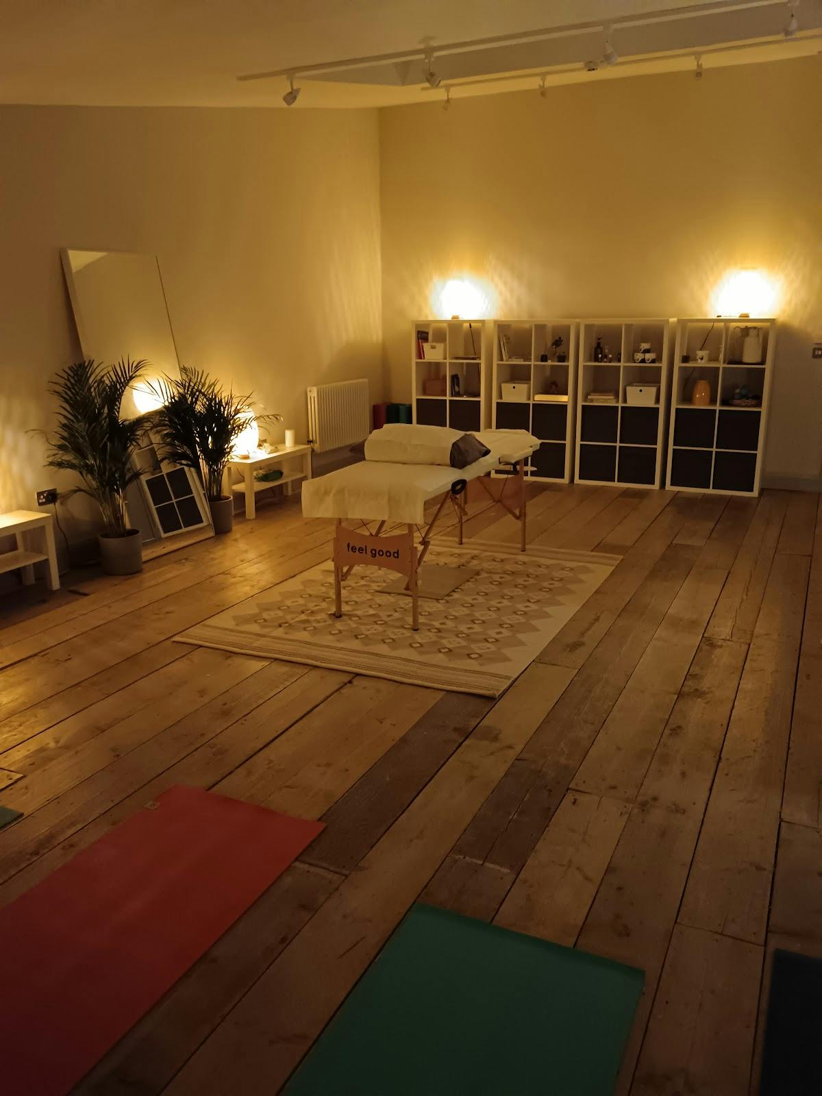 Serene treatment room at Abuelita's Wellbeing for yoga and meditation workshops.