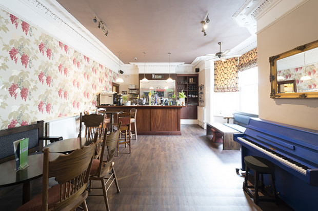 Charming garden venue with blue piano for intimate gatherings and events.