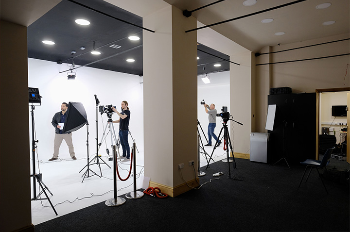 Rehearsal room at Base Studios with clean backdrop for photography and video production.