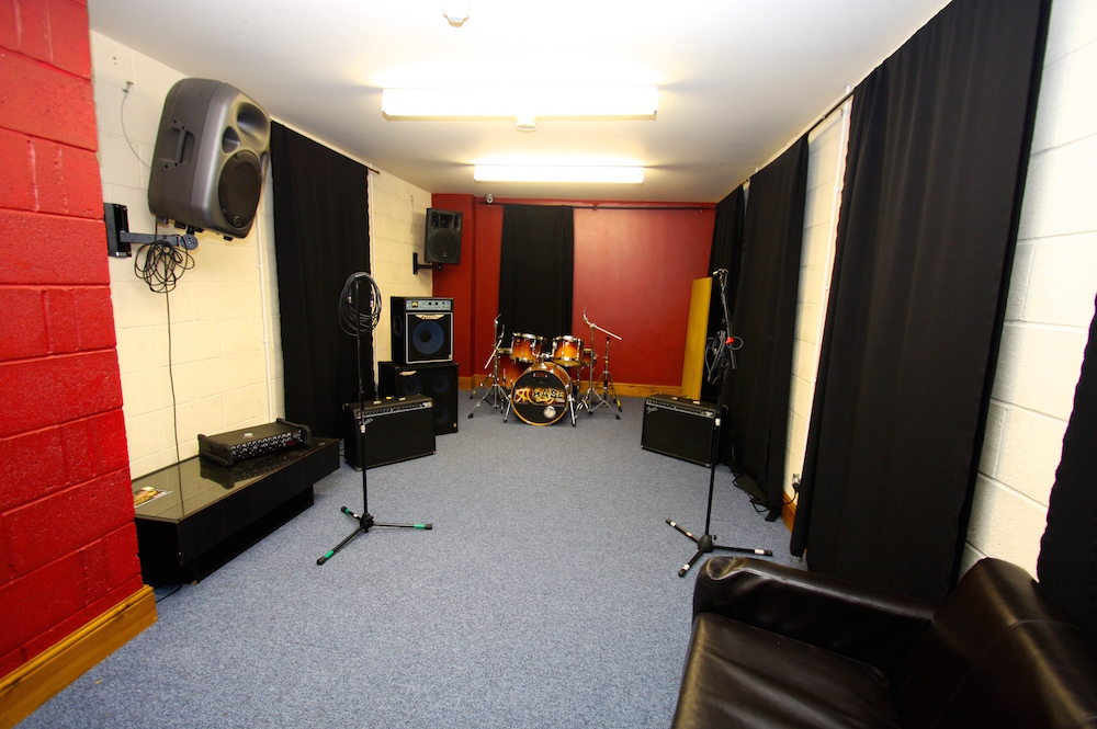 Versatile soundproof rehearsal room at Base Studios for music sessions and workshops.
