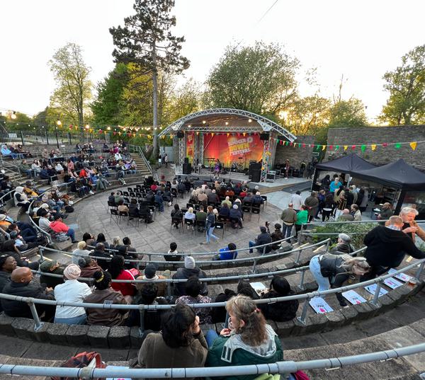 Live music venue at Midlands Arts Centre with vibrant outdoor amphitheater event.