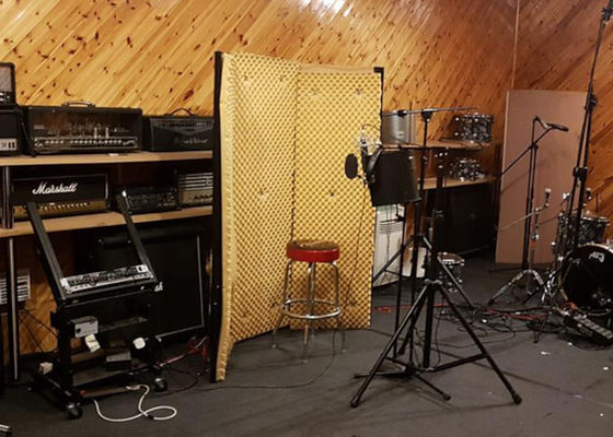 Recording studio with acoustic panels, ideal for music production workshops and events.