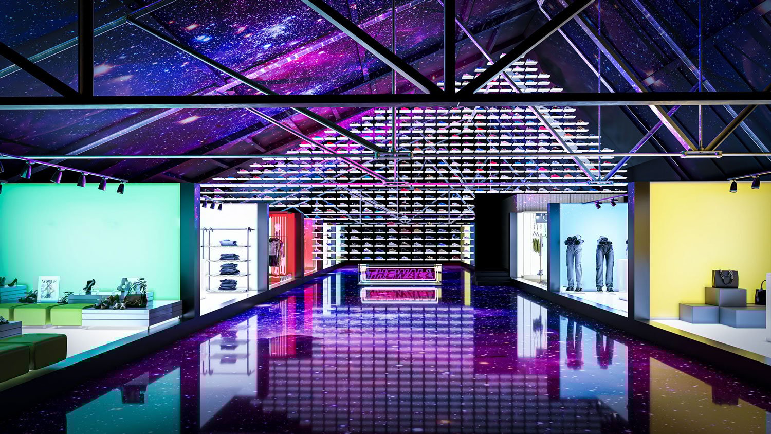 Vibrant ARTBOX event space with reflective floors for product launches and networking.