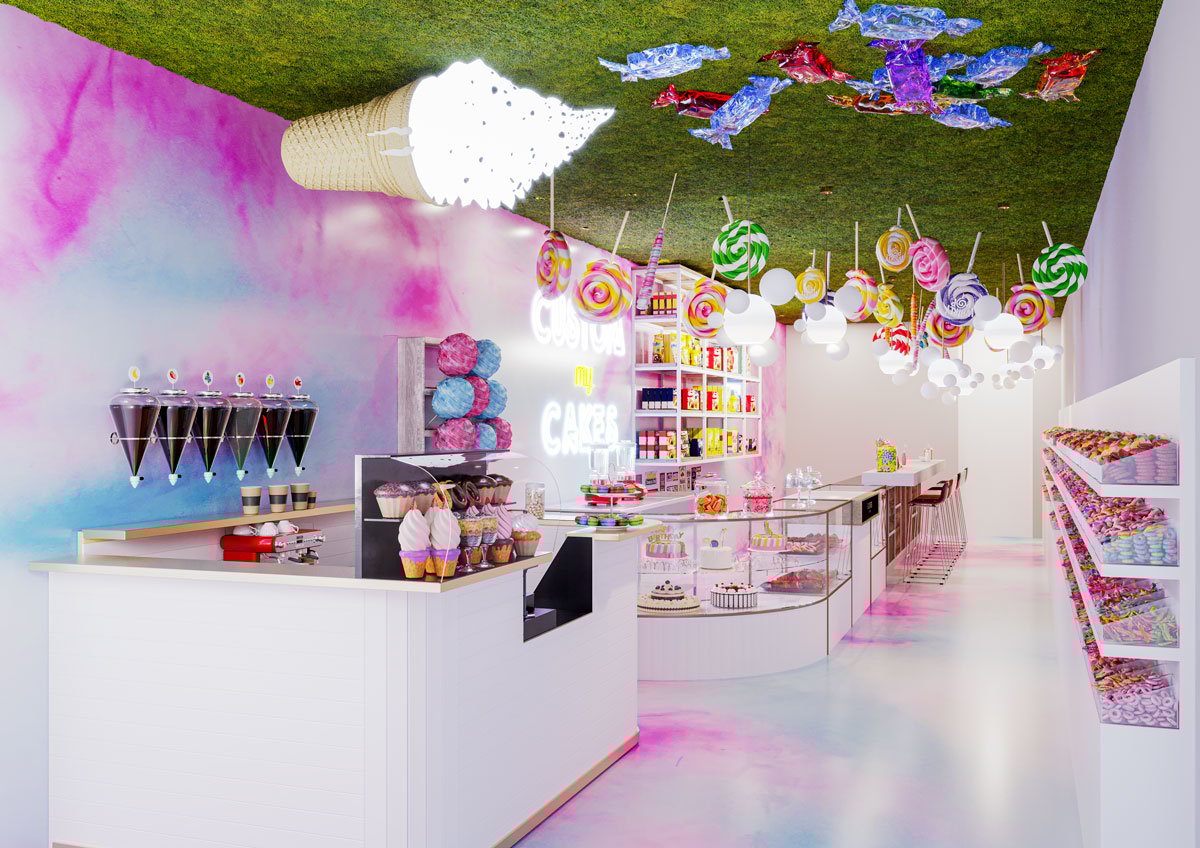 Vibrant dessert shop with pastel decor, perfect for birthday parties and events.