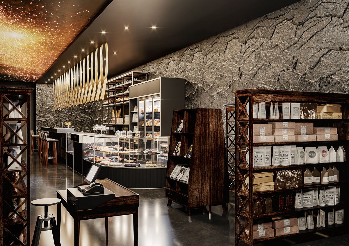 Modern café space in ARTBOX - Art Quarter, ideal for networking events and meetings.