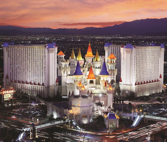 Aerial view of Excalibur Grand hotel and casino in Las Vegas, perfect for events and conferences.