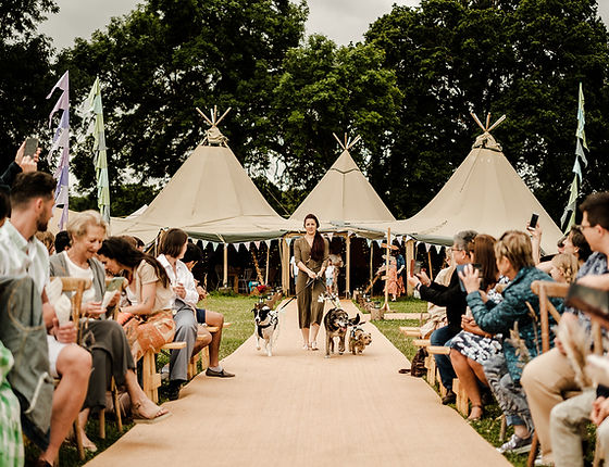 Little Hat Mini Tipi at Belcote Farm, outdoor wedding with teepees and dogs.