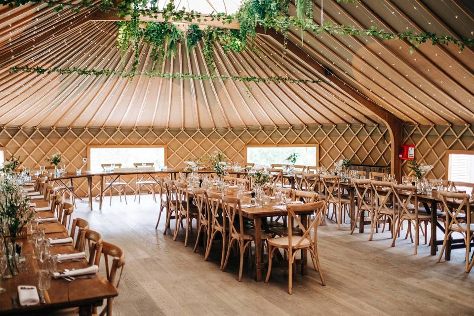 Open Kitchen in Thorpe Garden: rustic yurt event space for intimate weddings and gatherings.