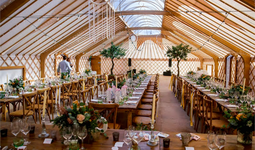 Elegant yurt event space in Thorpe Garden, perfect for weddings and corporate gatherings.