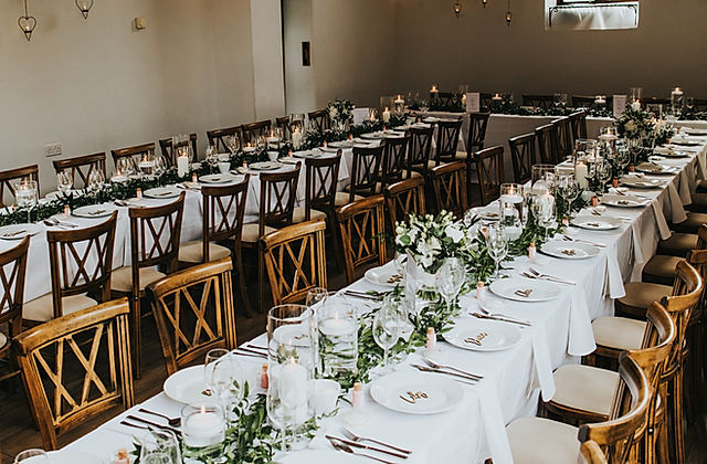 Dodford Room banquet setup with elegant tables, ideal for weddings and formal events.