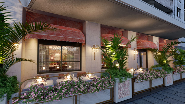 Outdoor dining area at La Maison Ani, perfect for events with elegant decor and greenery.