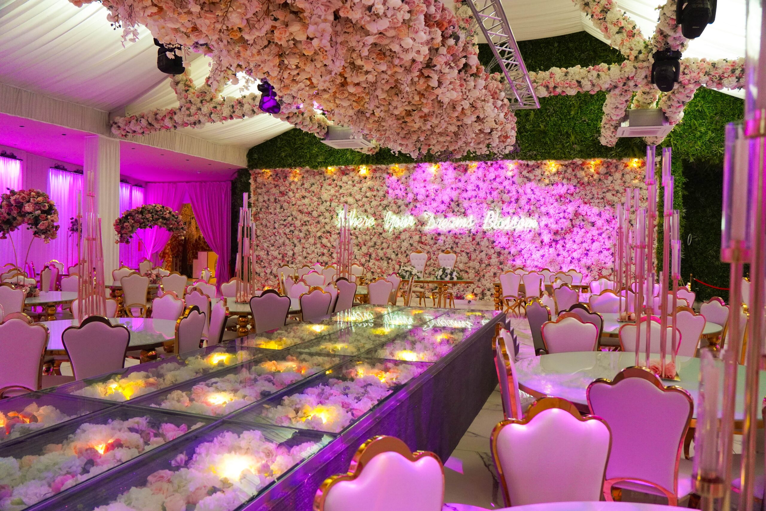 Elegant Grand Botanical Suite event space with floral decor, perfect for weddings and upscale gatherings.