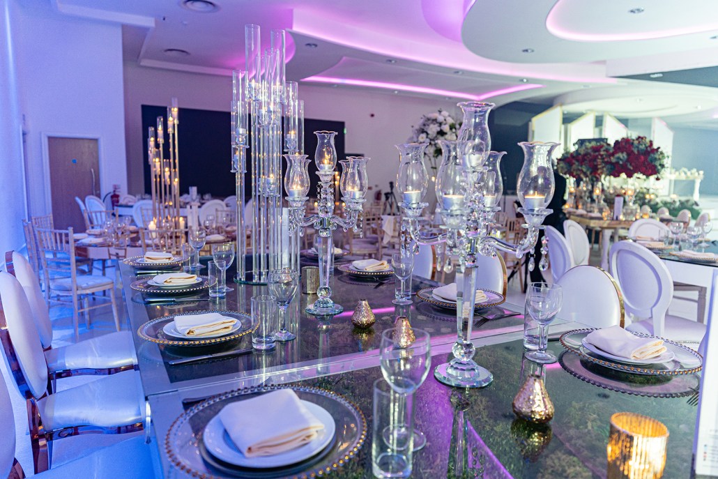 Elegant Banqueting Suite with crystal candelabras, perfect for weddings and corporate events.