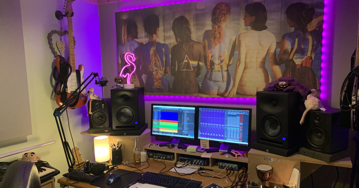 Live room at Stage Studios with dual monitors, ideal for audio production events.