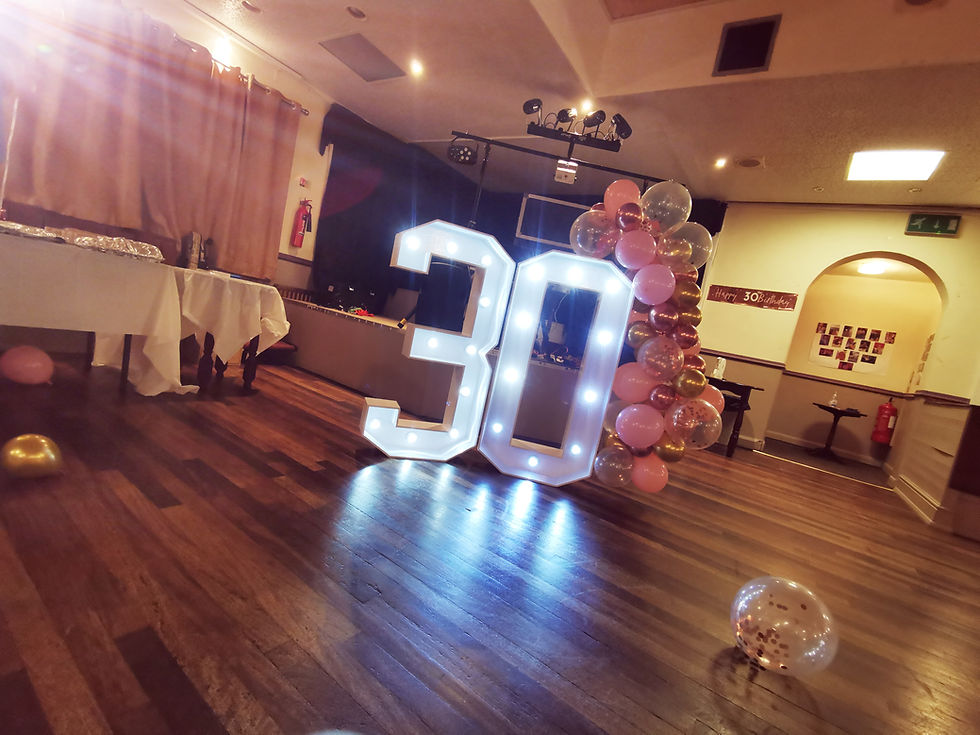 Cobham Lounge with illuminated "30" display for vibrant milestone birthday celebrations.