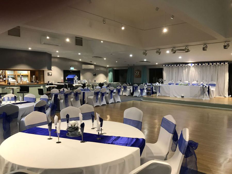 Elegant event space in Stirchley with blue sashes, perfect for weddings and corporate events.