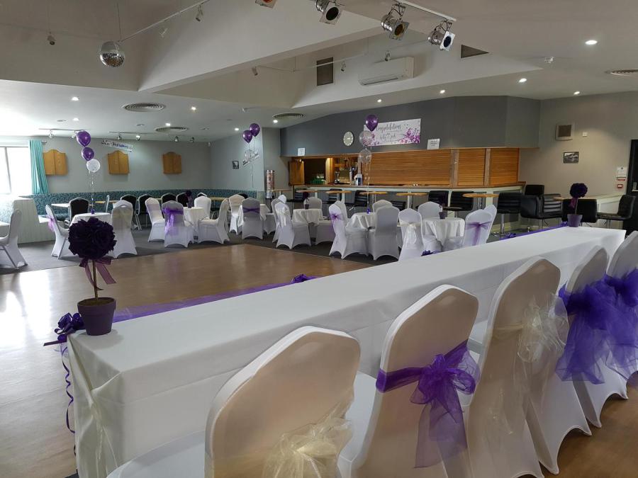 Elegant event space in Stirchley with draped tables, perfect for weddings and corporate events.