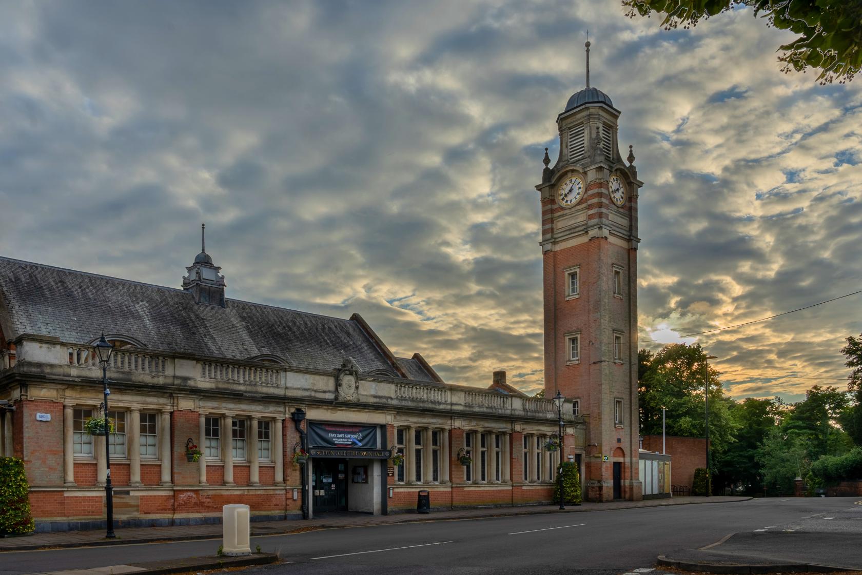 Sutton Coldfield Town Hall with historic clock tower, perfect for events and gatherings.