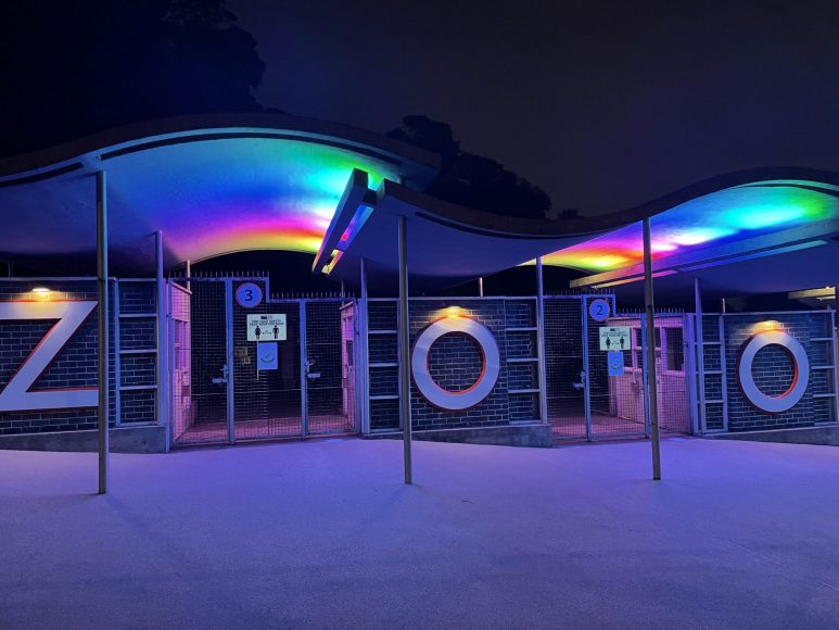 Vibrant entrance of Discovery Centre at Dudley Zoo, perfect for evening events.